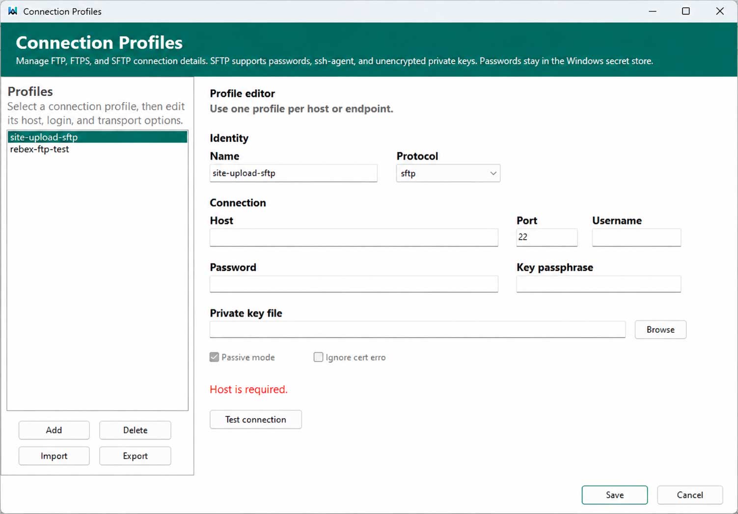 Connection profile form
