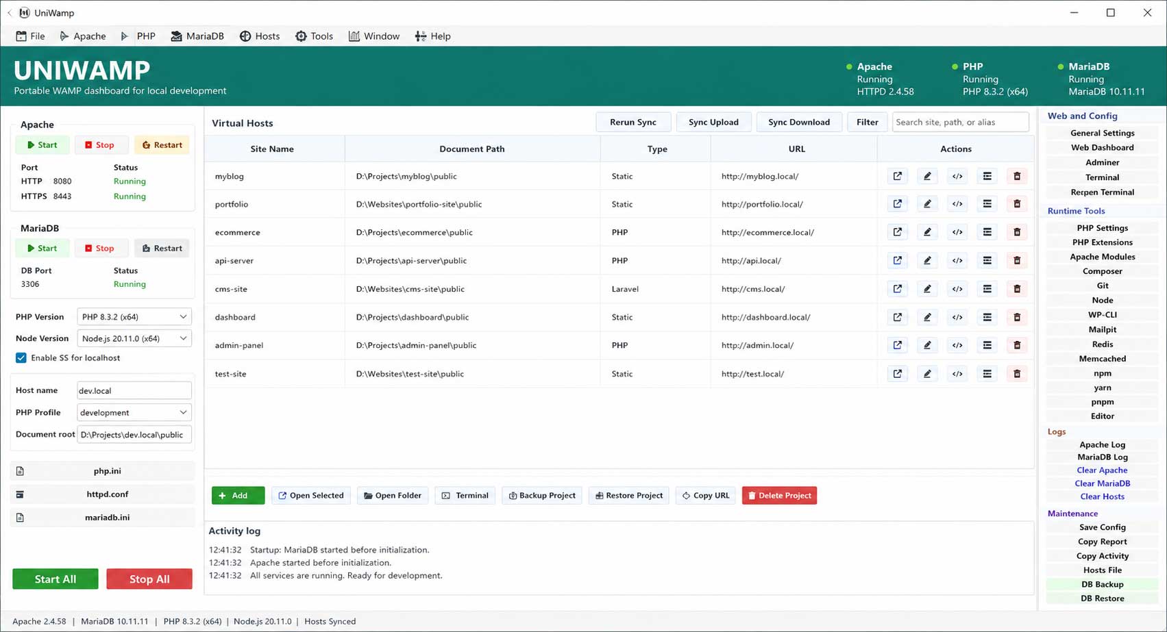UniWamp dashboard